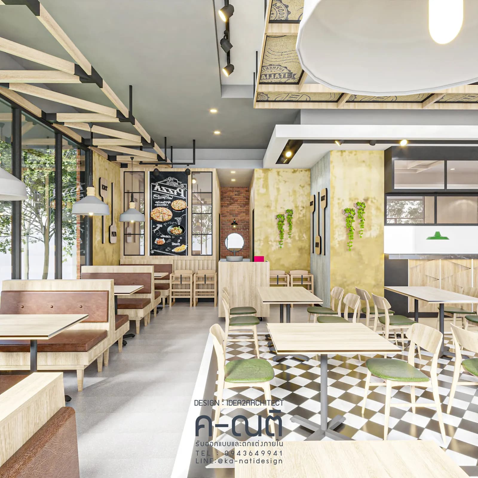 ทางเดินกลางร้านเชื่อมมุมนั่งสองฝั่ง