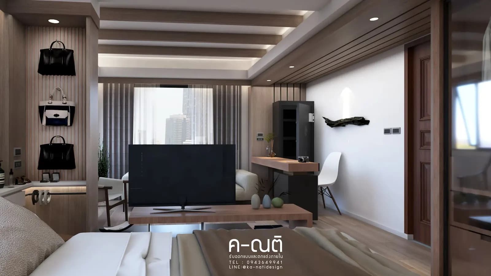 ผนังโทรทัศน์และชั้นตกแต่งในห้องนั่งเล่น
